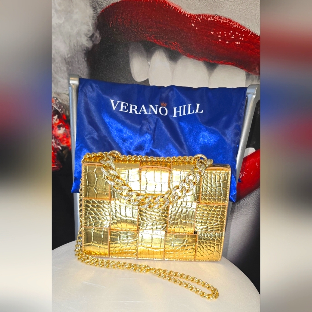 Verano Hill Gold Croc-Embossed Chain Bag